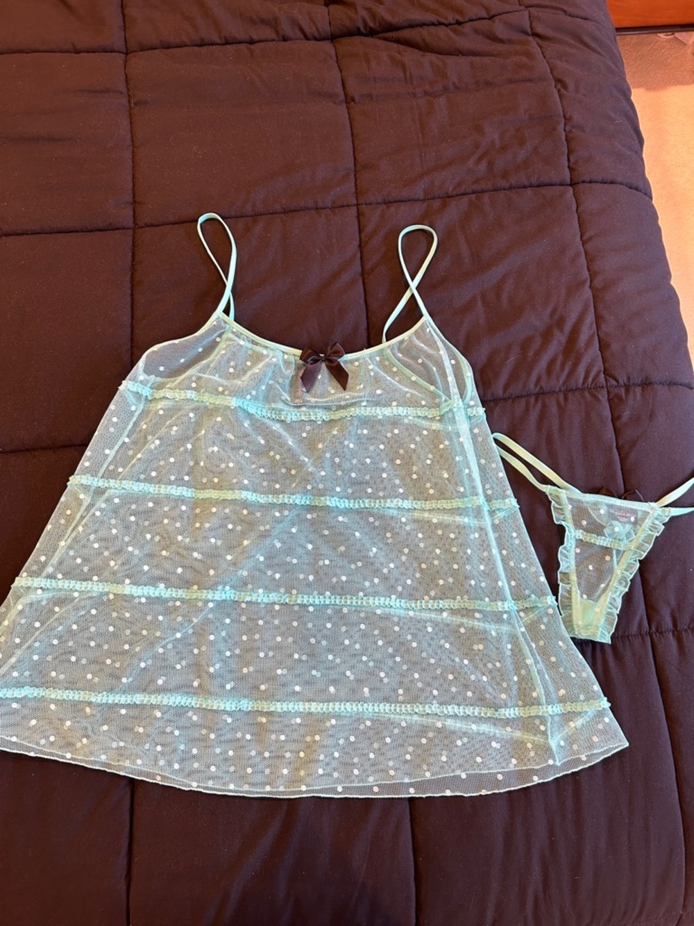 Victoria's Secret Sheer Mint Green Polka Dot Babydoll Chemise with Thong